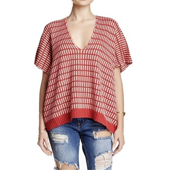 Free People Oversized Sweater Womens XS Red White Knit Zipper Boho Preppy Poncho - Picture 4 of 11